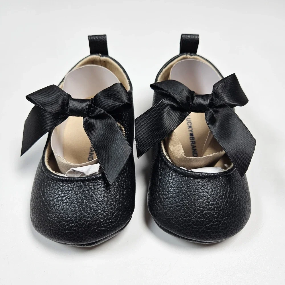 Lucky Brand Mary Jane Flats Girls 3 Black Bow Satin Ribbon Crib Shoes 6-9m NEW‎